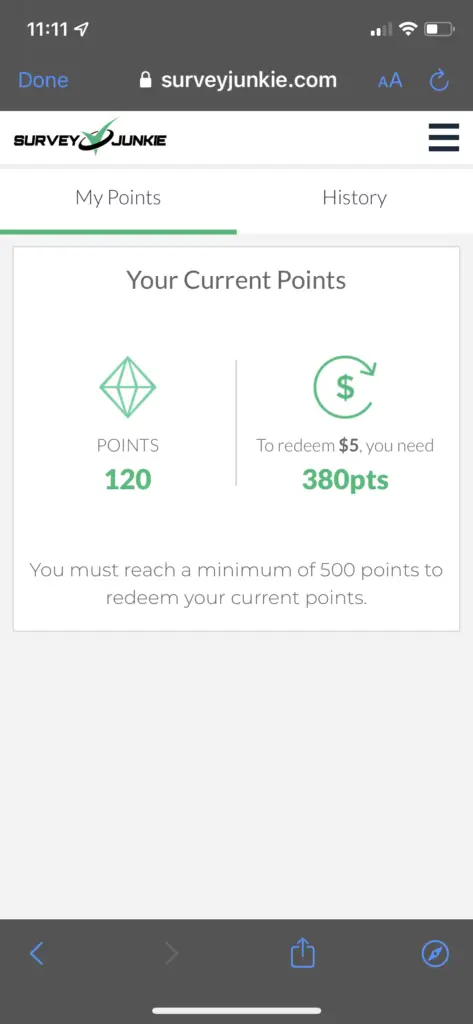 survey junkie app screenshot showing earned points