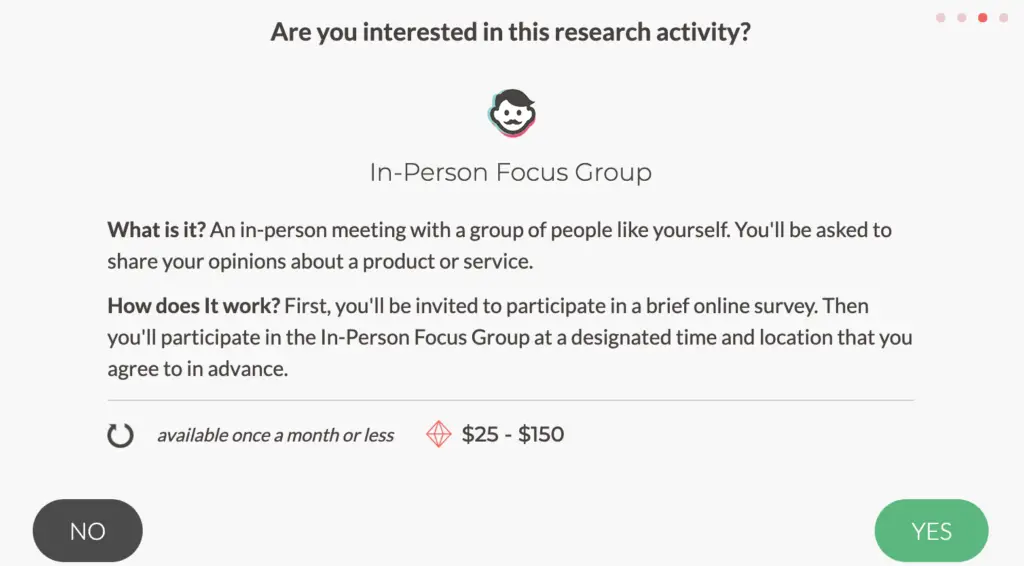 In-person focus group activity page in Survey Junkie website