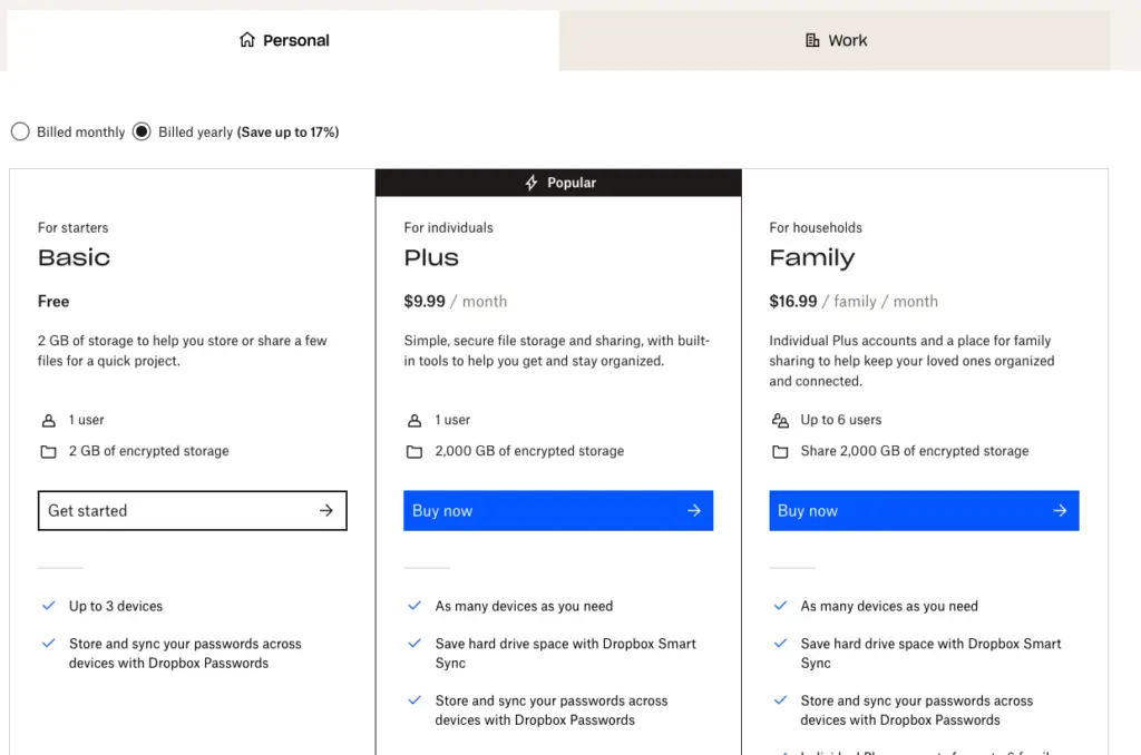 Dropbox image hosting site showing the pricing page