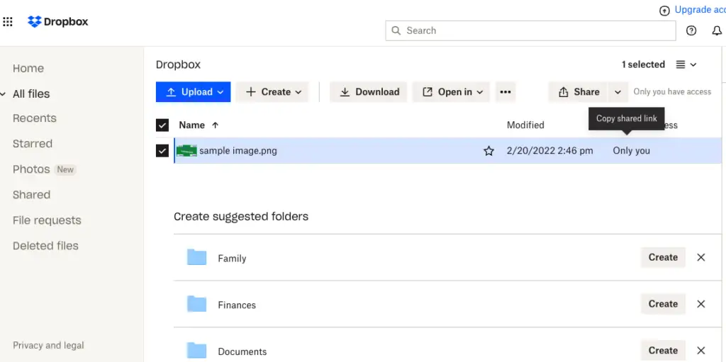 dropbox image upload page showing folders and files
