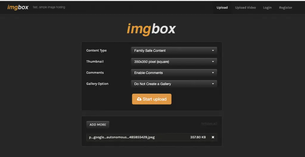imgbox.com image upload page showing upload file properties
