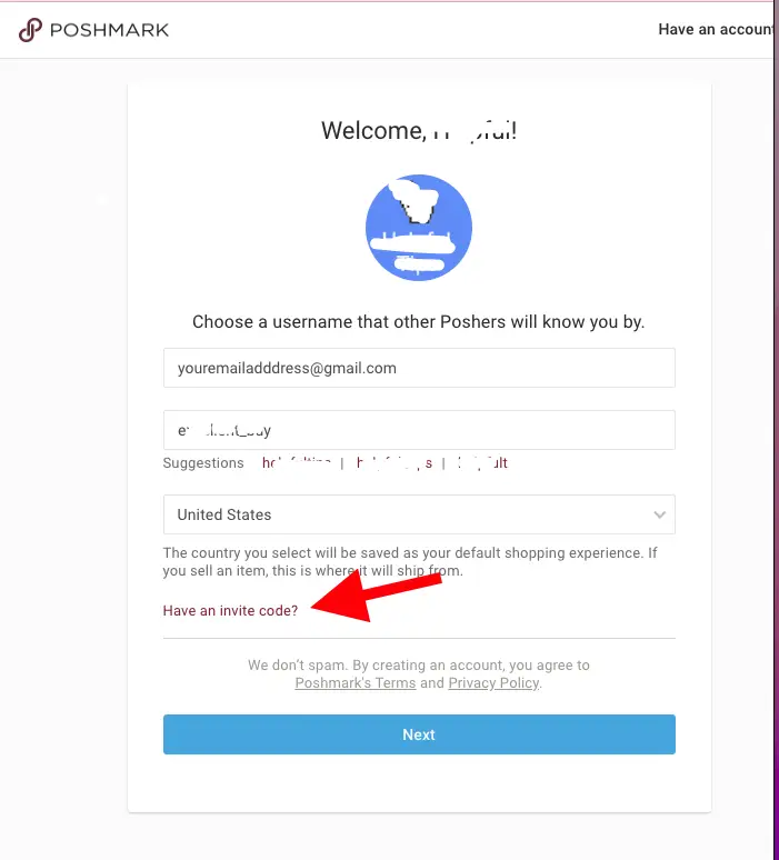 Poshmark app screen showing where to put the invite code 