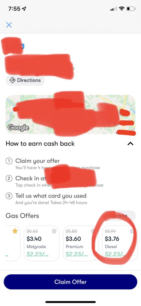 getupside diesel gas station location shown in he app