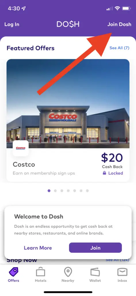 Dosh app welcome screen for sign-up