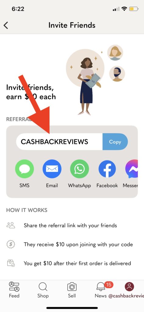 app screen showing referral code