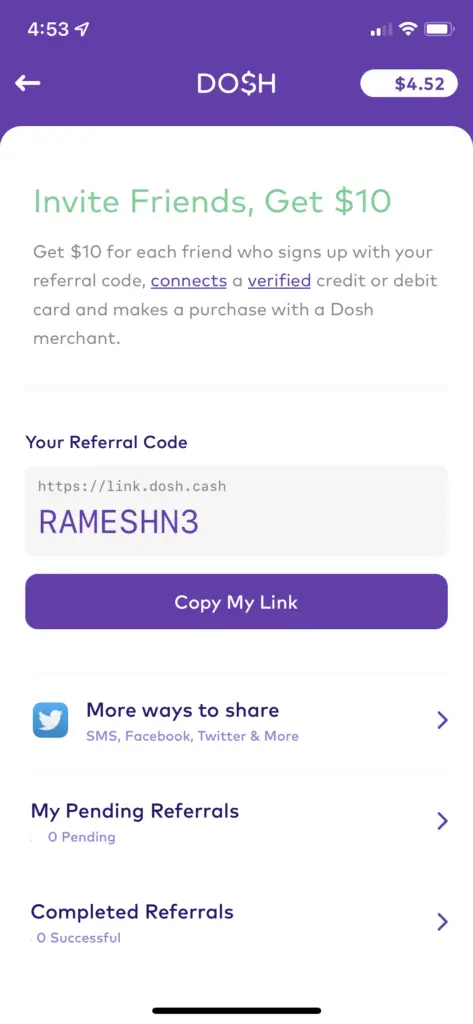 image showing the referral code in Dosh app
