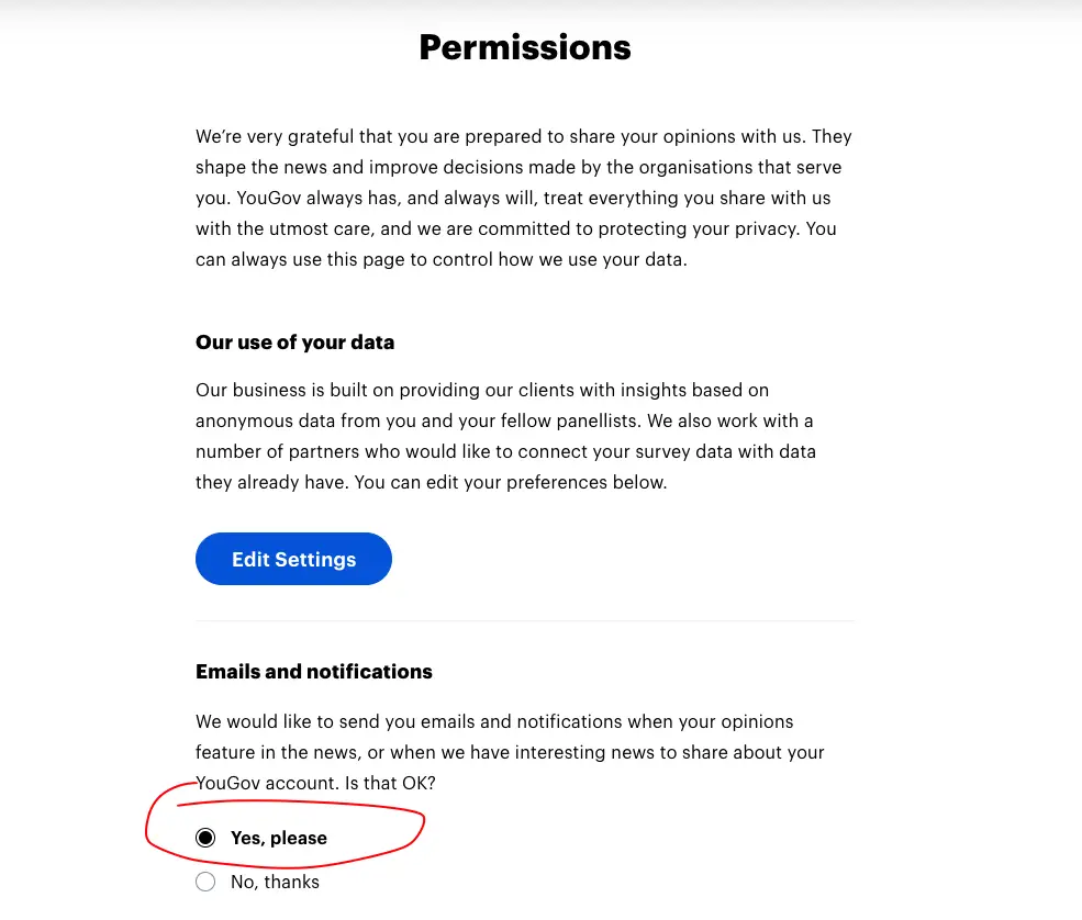 yougov email notification setting for survey
