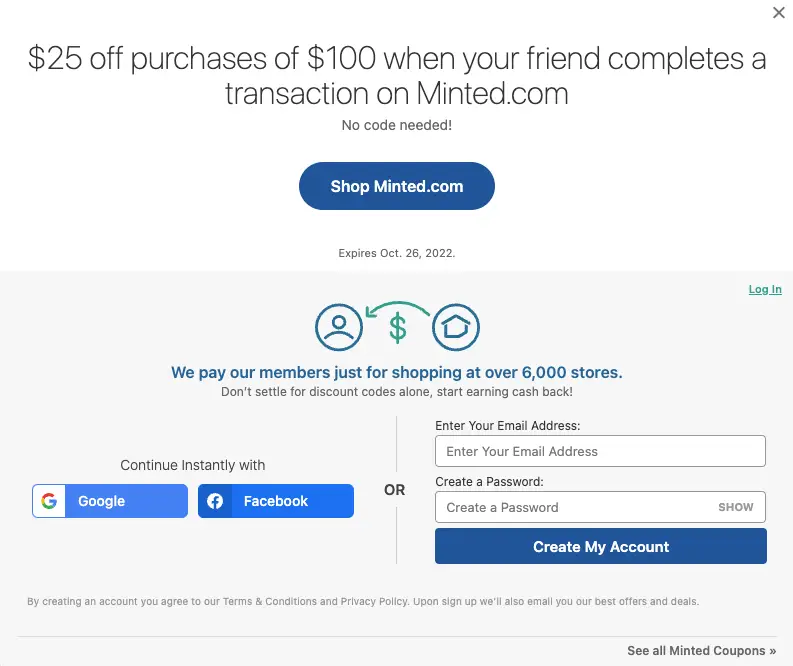 $25 off purchases of $100 minted.com coupon