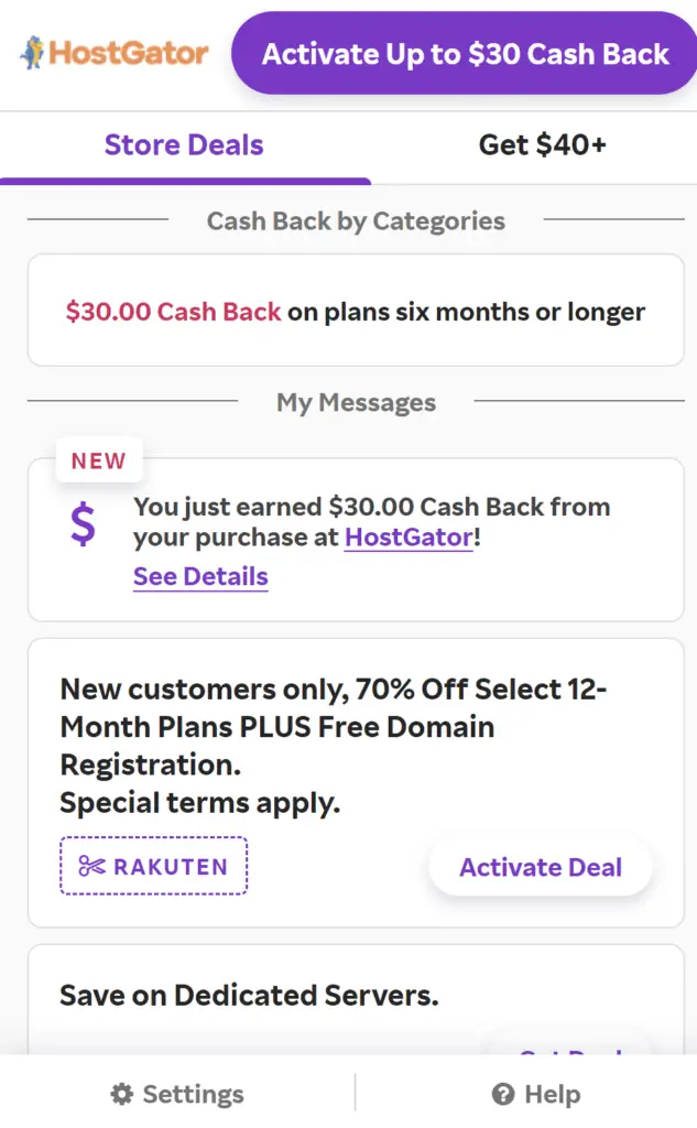 cash back of $30 activated for Hostgator