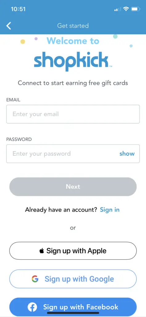 shopkick sign up screen