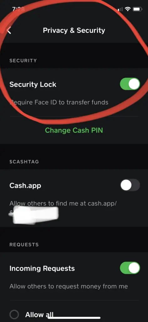 cash app privacy setting screen