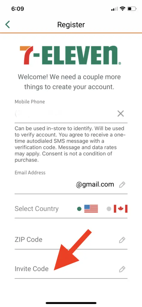 image showing 7 eleven app showing referral code screen