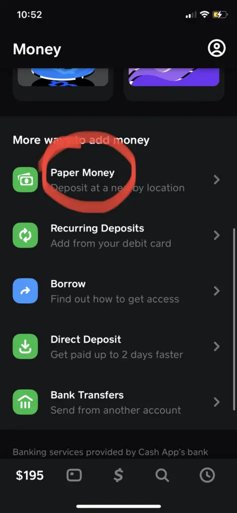 Cash app screen showing paper money load barcode