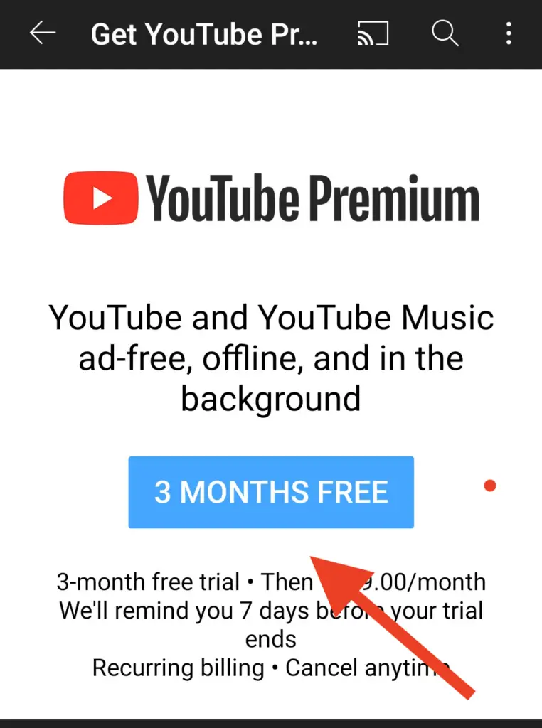 3-months free trial of youTube Premium offer in the app