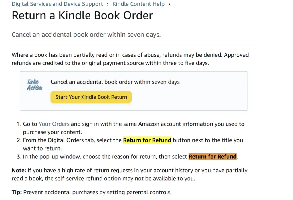 Amazon Return page showing the button for kindle