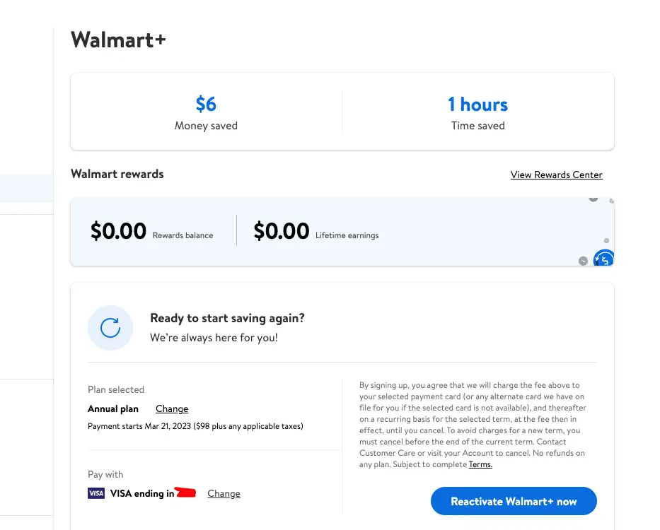 page showing walmart plus cancelled and reactivate button displayed