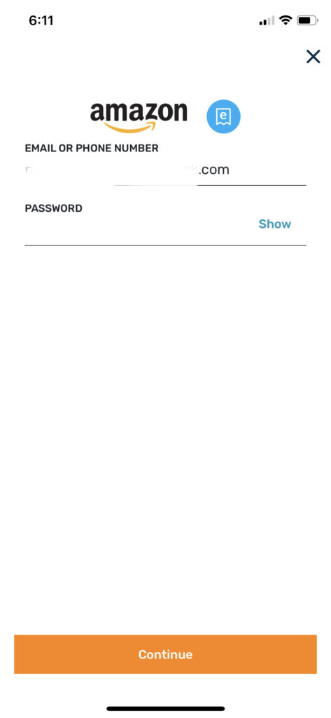 Amazon login screen in Fetch app