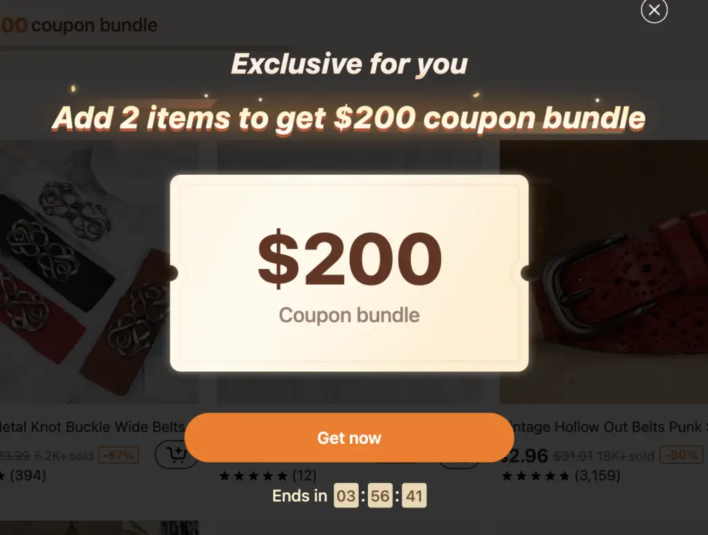 $200 coupon bundle pop up shown here for new Temu users