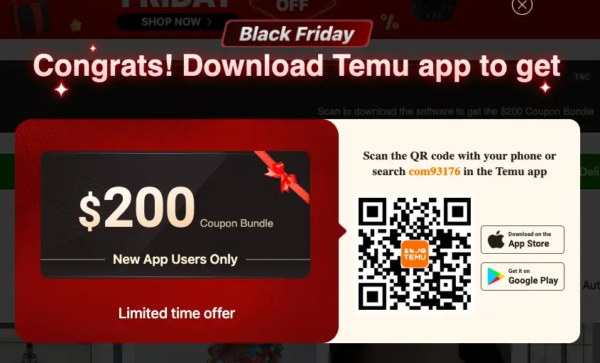 Temu $200 Coupon Bundle for Black Friday – Save big on your favorite items with multiple discount codes! Limited time offer!