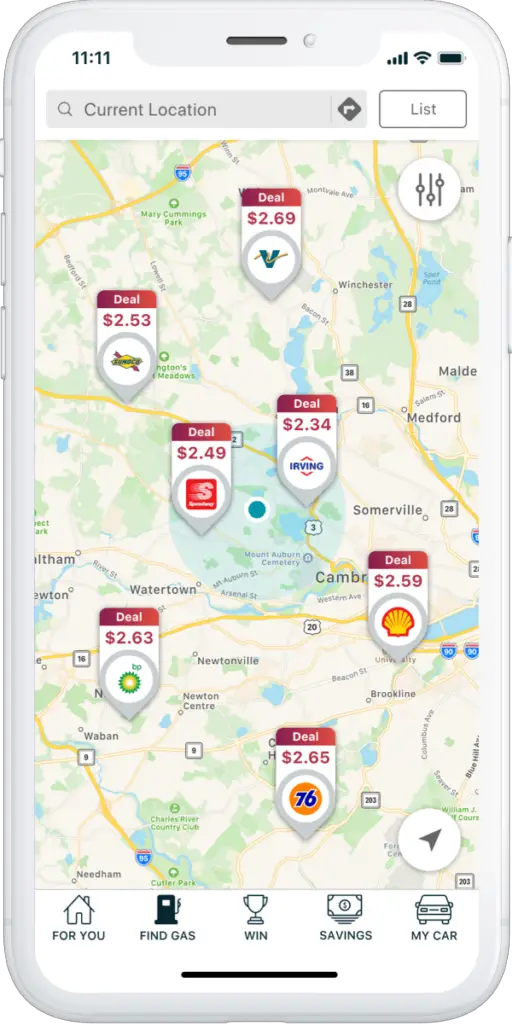 GasBuddy app showing nearest gas stations and gas prices.