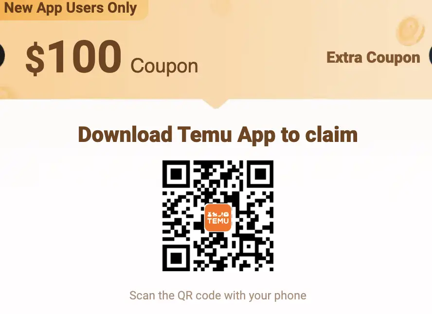 Temu $100 coupon bundle QR code
