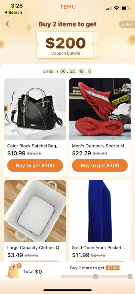 Temu app screens hows proof that $200 coupon works