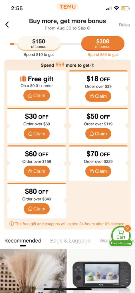 $308 sign-up bonus screen shown in Temu app