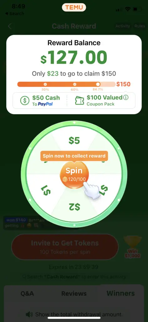 Free Cash game played in Temu app