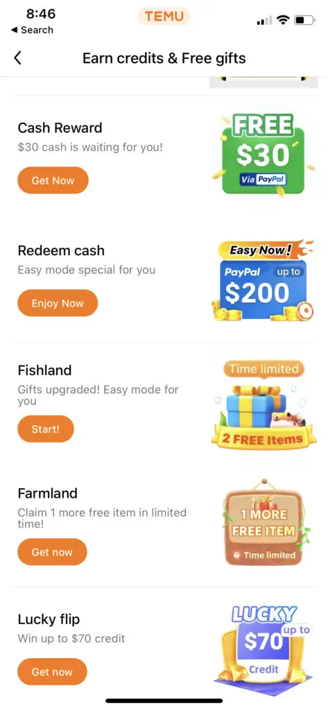 Temu app screen showing fishland farmland and cash credit games.