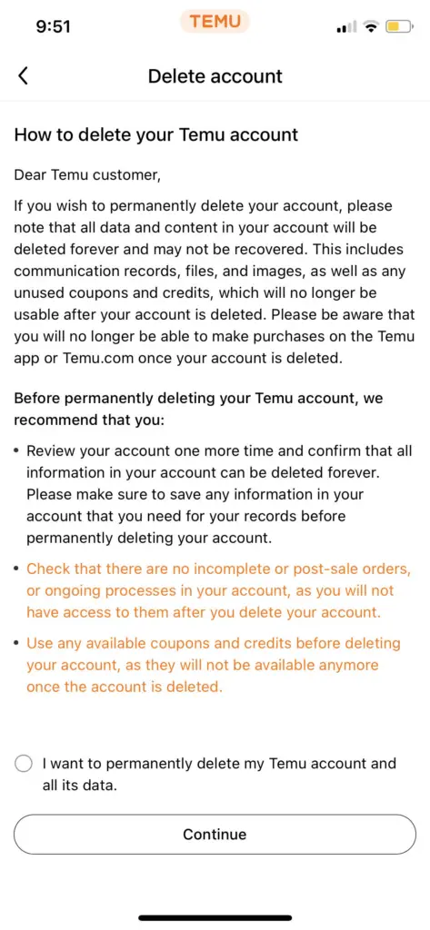 Temu app showing checks to do before deleting an account