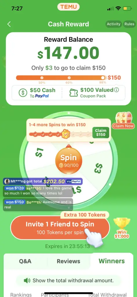 temu app screen showing new user hack to get free spins