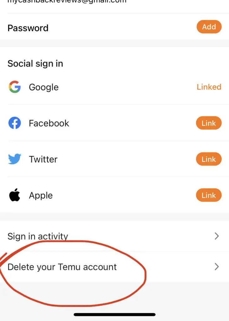 Temu delete account screen on the app