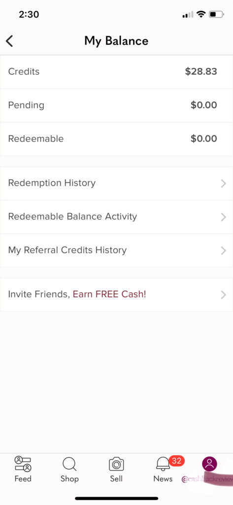image showing My Referral Credits history in Poshmark app