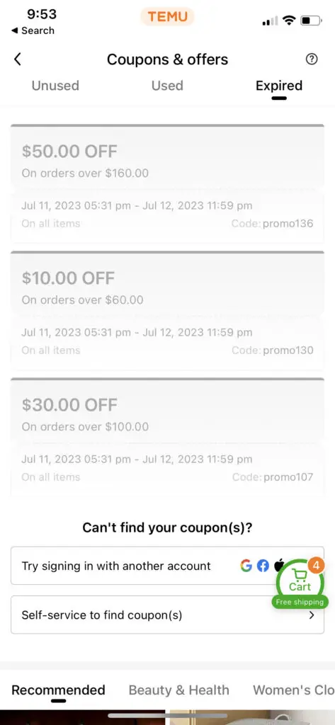 expired coupon codes showing in Temu app