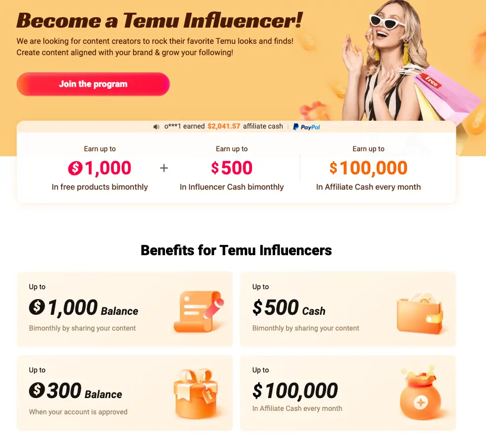 image showing Temu influencer program earning potential