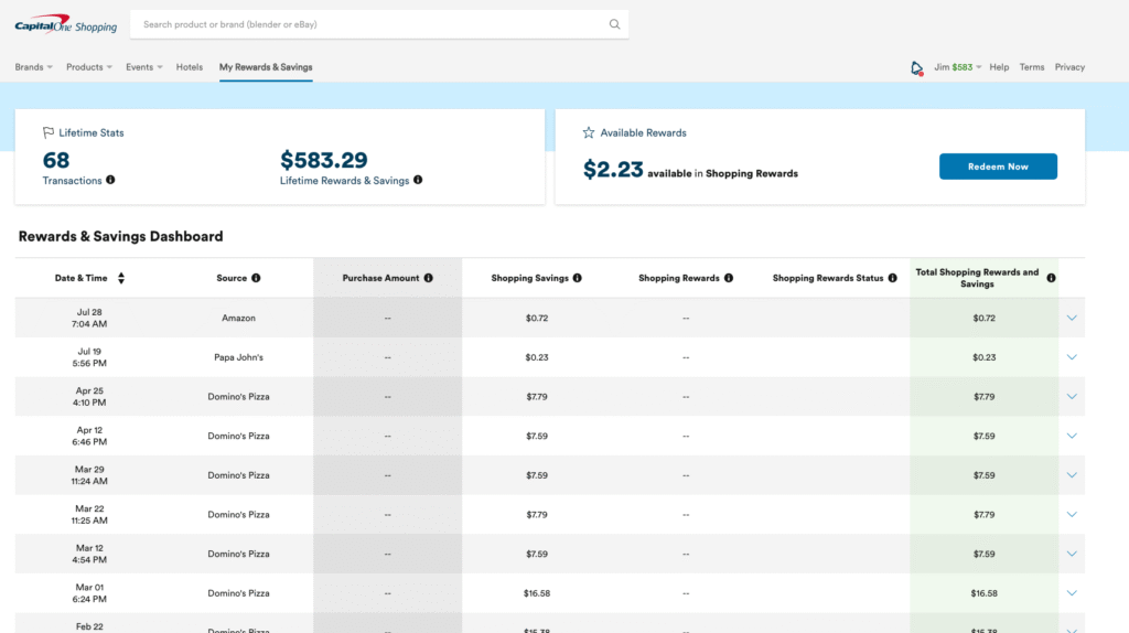y savings using capital one shopping extension showing money saved.