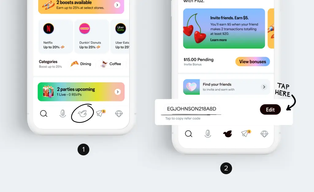 fluz screen to customize your referral code