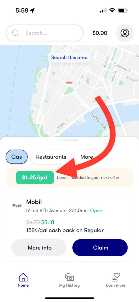 upside app screenshot showing extra bonus cash back of $1.25