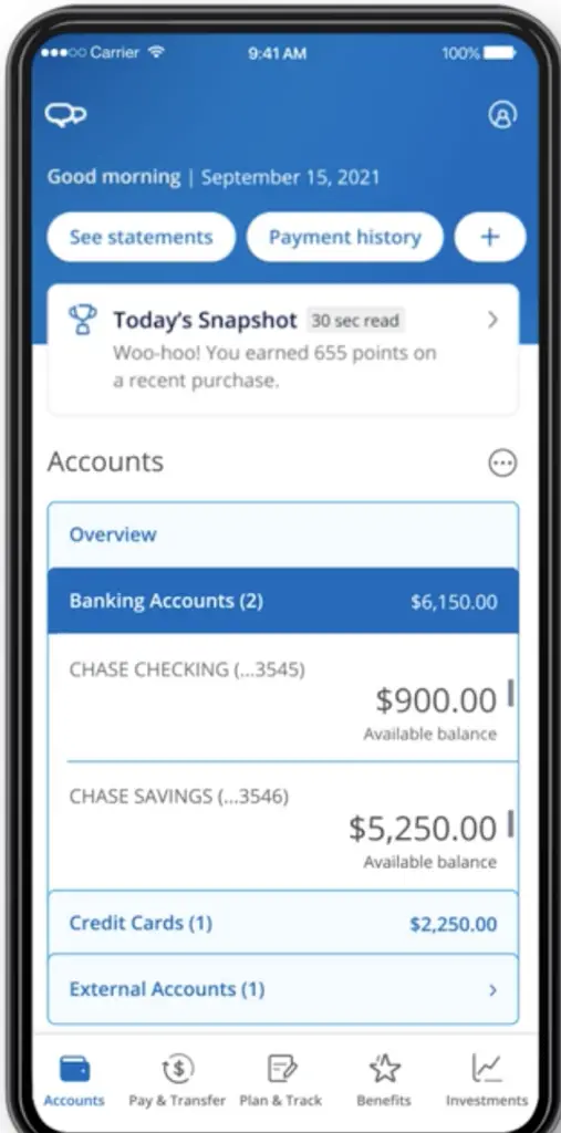 chase account page after login to the app