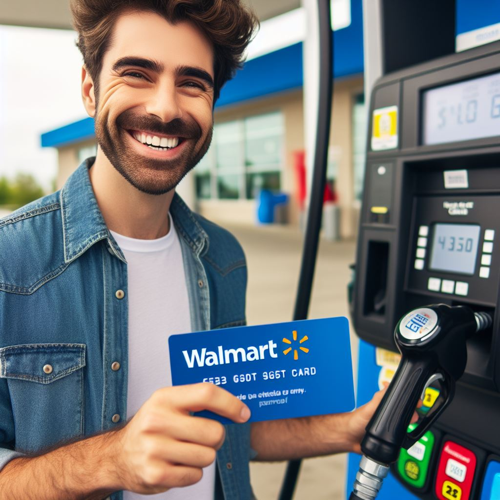 a driver smiling while pumping gas with a Walmart gift card