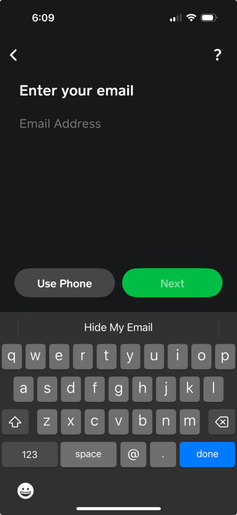 enter email screen during cash app sign up