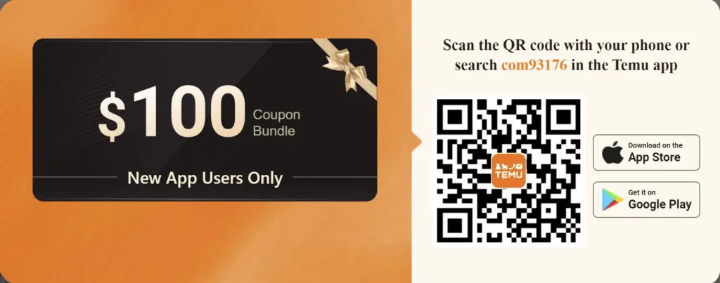 $100 coupon bundle offer banner displayed on Temu website