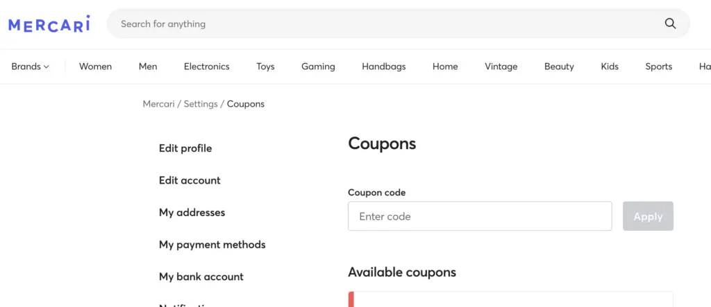 stored coupons showing in Mercari user settings page.