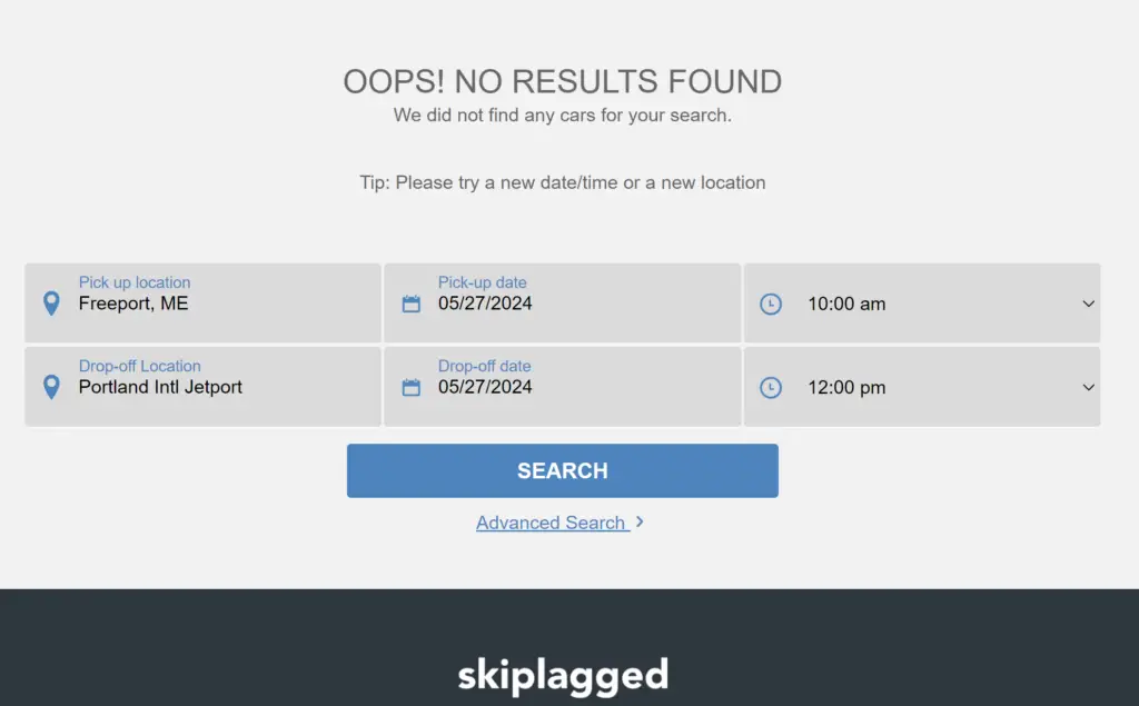 search did not return any deals or results.