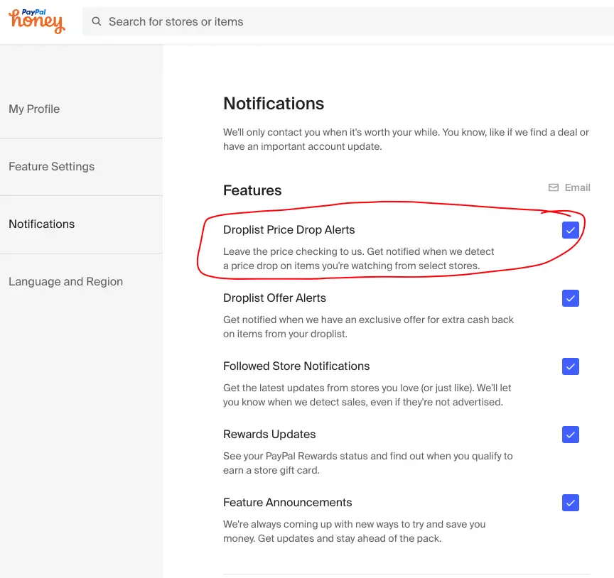 account settings in honey to disable honey droplist email notifications