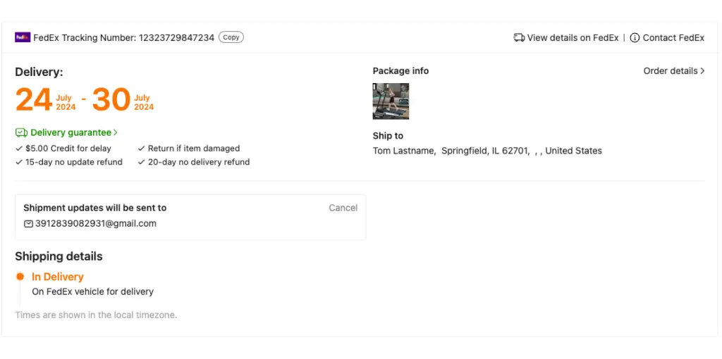Order tracking page on Temu website