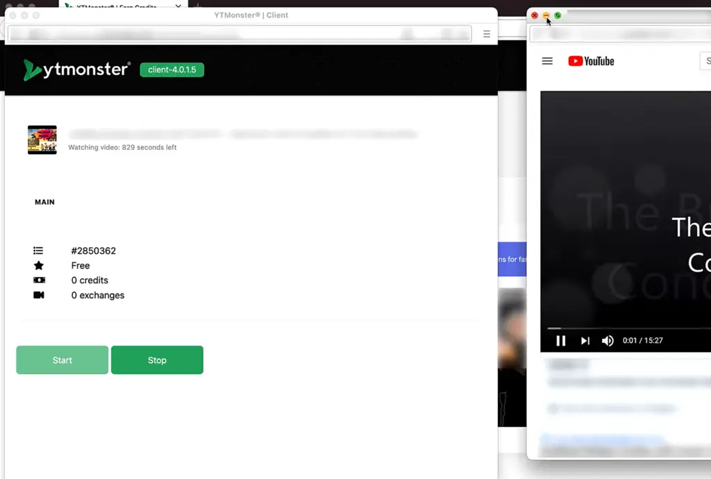 YTmonster client to watch videos and get credits