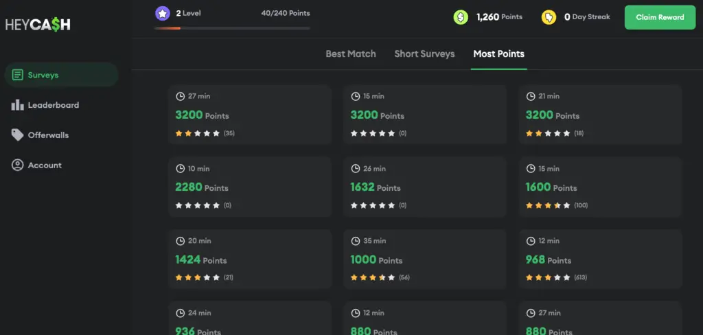 Hey Cash listing all the high earning potential surveys worth more points
