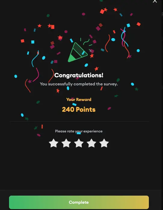 points rewarded confirmation after finishing a survey