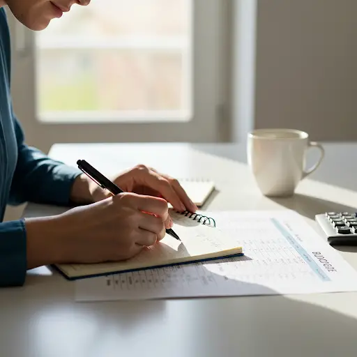 Budgeting made easy: writing down a budget or using a budgeting app as a realistic way to save money.